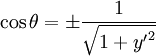 \cos\theta = \pm \frac{1}{\sqrt{1 + {y'}^2}}