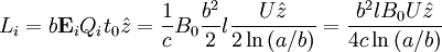 L_{i}=b\mathbf{E}_{i}Q_{i}t_{0}\hat{z}=\frac{1}{c}B_{0}\frac{b^{2}}{2} l\frac{U\hat{z}}{2\ln\left(a/b\right)}=\frac{b^{2}lB_{0}U\hat{z}}{4c\ln\left(a/b\right)}