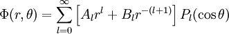 \Phi(r,\theta)=\sum_{l=0}^{\infty}\left[A_{l}r^{l}+B_{l}r^{-(l+1)}\right]P_{l}(\cos\theta)