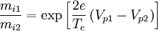 \frac{m_{i1}}{m_{i2}}=\exp\left[\frac{2e}{T_{e}}\left(V_{p1}-V_{p2}\right)\right]