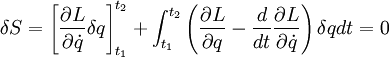 \delta S = \left[{\frac{\partial L}{\partial \dot{q}}\delta q}\right]_{t_1}^{t_2} + \int_{t_1}^{t_2}\left({\frac{\partial L}{\partial q} - \frac{d}{dt} \frac{\partial L}{\partial \dot{q}}}\right) \delta q dt = 0