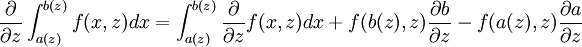 \frac{\partial}{\partial z}\int_{a(z)}^{b(z)}{f(x,z) dx} = \int_{a(z)}^{b(z)}{\frac{\partial}{\partial z} f(x,z) dx}  + f(b(z), z) \frac{\partial b}{\partial z} - f(a(z), z) \frac{\partial a}{\partial z}