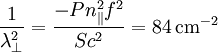 \frac{1}{\lambda_{\perp}^{2}}=\frac{-Pn_{\|}^{2}f^{2}}{Sc^{2}}=84\,\mathrm{cm}^{-2}