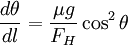 \frac{d\theta}{dl}=\frac{\mu g}{F_H}\cos^2\theta