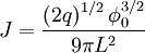 J=\frac{\left(2q\right)^{1/2}\phi_{0}^{3/2}}{9\pi L^{2}}