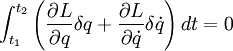\int_{t_1}^{t_2}\left({\frac{\partial L}{\partial q} \delta q + \frac{\partial L}{\partial \dot{q}}\delta \dot{q} }\right) dt = 0