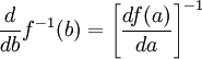 \frac{d}{db} f^{-1}(b) = \left[{\frac{d f(a)}{da}}\right]^{-1}