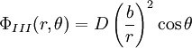 \Phi_{III}(r,\theta)=D\left(\frac{b}{r}\right)^{2}\cos\theta